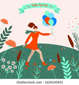 Hello Spring. Cheerful happy girl walking with balloons. Vector design for spring meeting, postcard, poster.