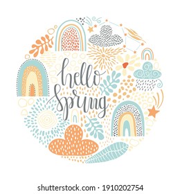 Hello Spring Circle Composition. Vector Background. Sky with Rainbows and Clouds. Scandinavian Style Pattern