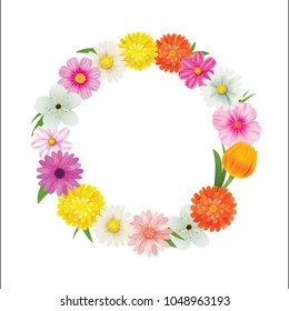 Hello spring circle frame greeting card and flowers decoration.