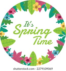 Hello spring circle frame greeting card vector image. Wreath colorful floral Spring flowers and leafs.