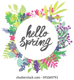 Hello Spring circle frame
Spring greeting card with text" hello Spring" in the middle of a square composition into circular background. Around which are located radially outward many flowers