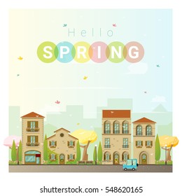 Hello spring cityscape background , vector , illustration