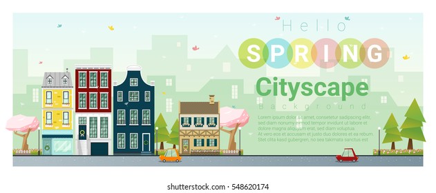 Hello spring cityscape background , vector , illustration