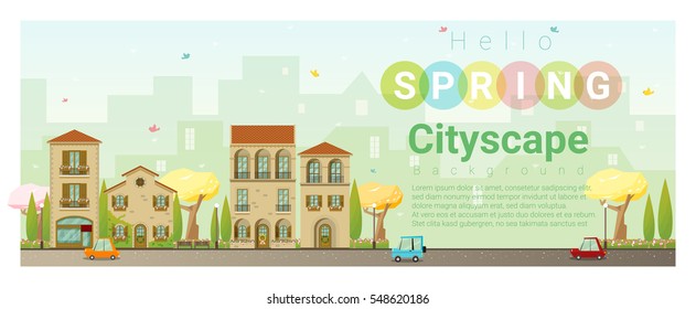 Hello spring cityscape background , vector , illustration
