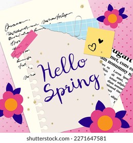 Hello spring collage vector illustration. Postcard with letter and flowers 