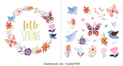 Hello spring collection with floral wreath and springtime elements, butterflies, flowers and birds, decorative design