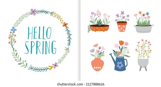 Hello spring collection with floral wreath and springtime elements, flowers in pots, seasonal decorative design
