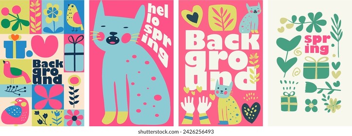 Hello spring. Collection of four naive style vector illustrations, this set bursts with the freshness of spring. It features stylized birds, vibrant flowers, playful hearts.
