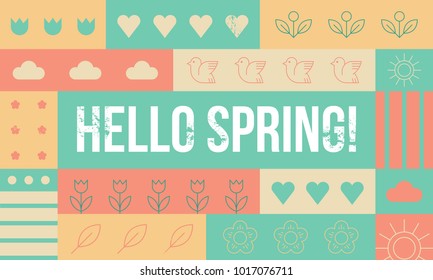 Hello spring- colored banner with text and simple pictograms. Spring symbols. Vector illustration. Can be used as poster, print, flayer design.
