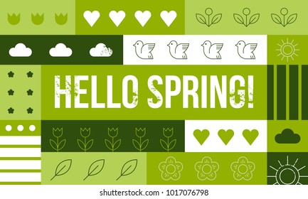 Hello spring- colored banner with text and simple pictograms. Spring symbols. Vector illustration. Can be used as poster, print, flayer design.