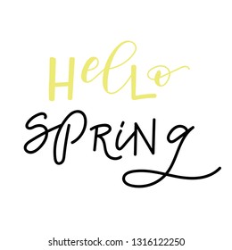 Hello Spring colored hand drawn lettering. Modern brush calligraphy. Phrase for card or poster. Vector (EPS10) quote great for photo overlay. Ink illustration. Original hand lettering.