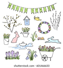 Hello Spring colored sketch set. First flowers and Lettering. snowdrops, crocus, tulips. navvy barrow, paper ship, watering pot, gardening. Hand drawn. Brush pen. For Poster prints textile decoration