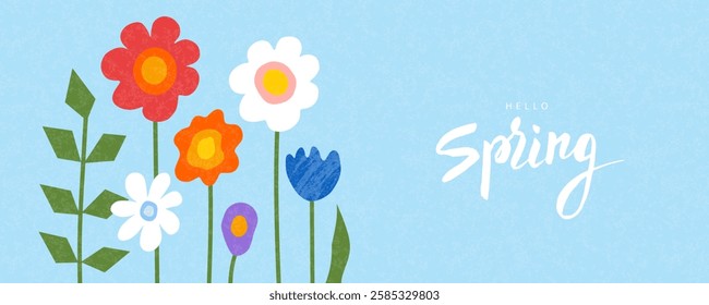 Hello spring colorful abstract banner with flowers. Vector illustration with trendy grainy texture.