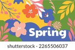 Hello Spring colorful hand logotype, badge typography icon. Lettering spring season with leaf for greeting card, invitation template. Modern pop colors banner poster template background, Sale, offer