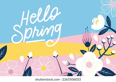 Hello Spring colorful hand logotype, badge typography icon. Lettering spring season with leaf for greeting card, invitation template. Modern pop colors banner poster template background, Sale, offer