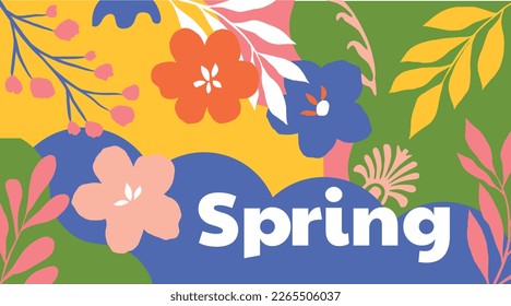 Hello Spring colorful hand logotype, badge typography icon. Lettering spring season with leaf for greeting card, invitation template. Modern pop colors banner poster template background, Sale, offer