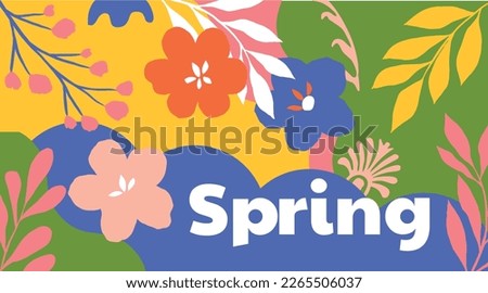 Hello Spring colorful hand logotype, badge typography icon. Lettering spring season with leaf for greeting card, invitation template. Modern pop colors banner poster template background, Sale, offer