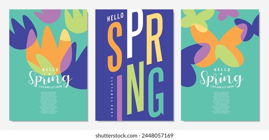 Hello spring colorful trendy banners and cards template with flowers and butterfly. Vector illustration. Covers layout for spring season.