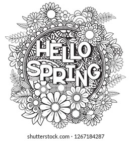 Hello spring coloring page with beautiful flowers. Black and white vector illustration. Greeting card template. Isolated on white background