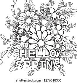 Hello Spring Coloring Page Beautiful Flowers Stock Vector (Royalty Free ...