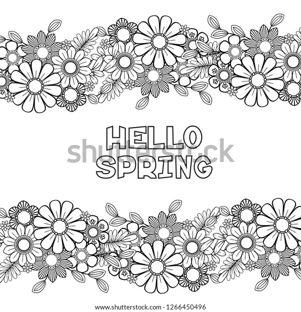 hello spring coloring page beautiful flowers stock vector