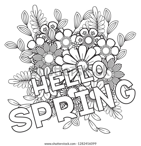 hello spring coloring page beautiful flowers stock vector