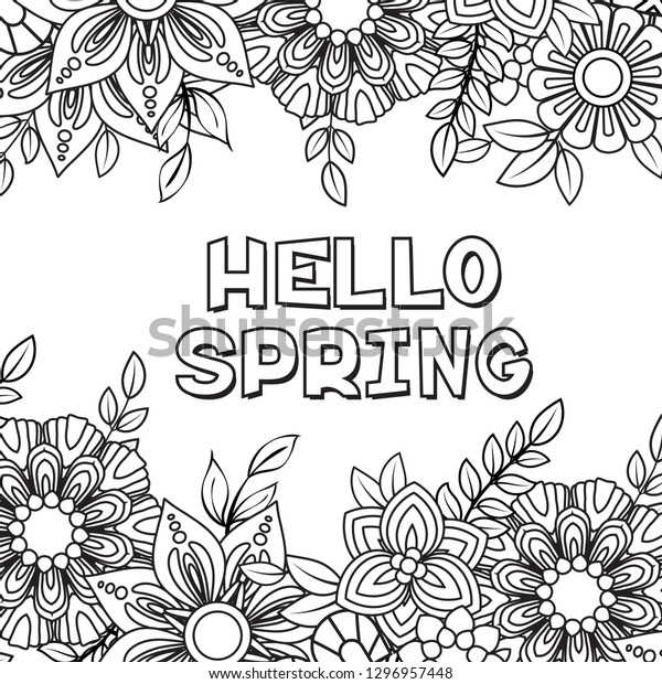 hello spring coloring page beautiful flowers stock vector