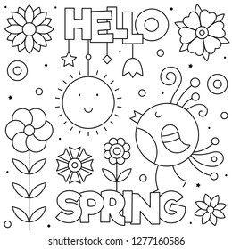 Hello Spring. Coloring page. Black and white vector illustration. Bird and flowers