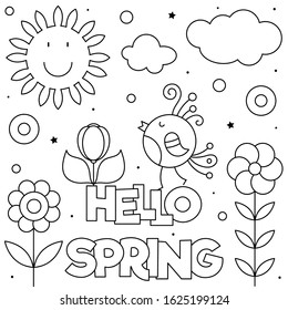 Hello Spring Coloring Page Black White Stock Vector (Royalty Free ...