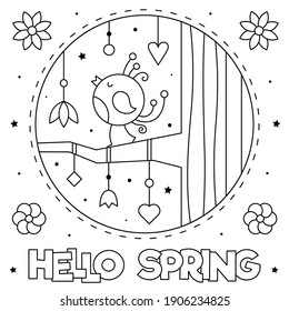 Hallo Frühling. Farbseite. Schwarz-Weiß-Vektorgrafik.