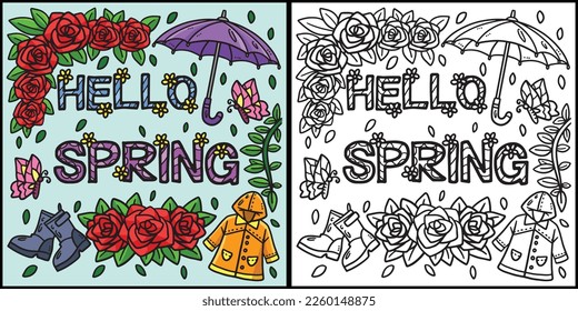 Hello Spring Coloring Page Colored Illustration