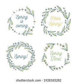 Hello spring, Spring is coming floral wreath collection, hand drawn vector illustration isolated on white. Decorative round frames with flowers and leaves, ink sketch.