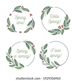 Hello spring, Spring is coming floral wreath collection, hand drawn vector illustration isolated on white. Decorative round frames with flowers and leaves, ink sketch.