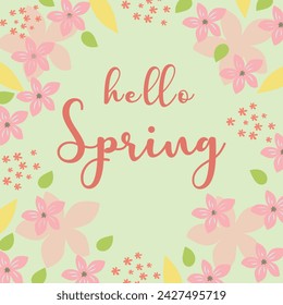 Hello spring. Spring composition in flat style with flowers and leaves. Vector.