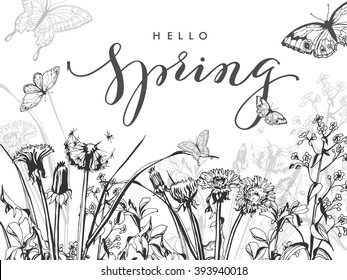 Hello, spring. Spring Concept. Spring background with Blooming spring  wild flowers, dandelions, grass, with butterflies. Template Vector.