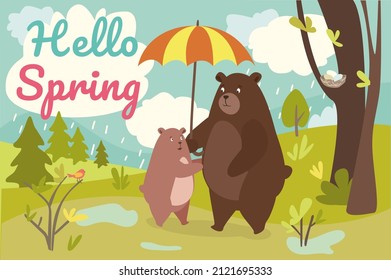 Hello Spring Concept Background. Cute Animals Greeting Springtime. Dad Bear Holds Umbrella And Bear Cub Hugs Him. Family Walking In Forest In Rainy Weather. Vector Illustration In Flat Cartoon Design