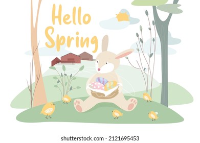 Hello spring concept background. Cute animals greeting springtime. Easter bunny holds basket with colorful eggs and hides its on edge of forest with birds. Vector illustration in flat cartoon design