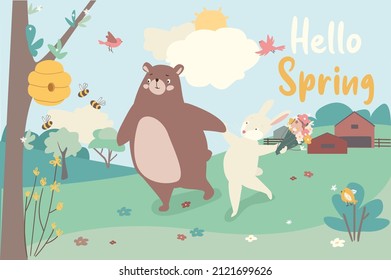 Hello spring concept background. Cute animals greeting springtime. Bunnies hold Easter eggs, birds sit near nest on tree branches, lambs ride on swing. Vector illustration in flat cartoon design