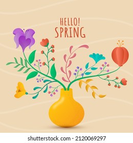 Hello Spring Concept With Beautiful Flower Vase Or Pot On Brown Background.