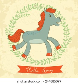 Hello spring concept card with cute running horse. Vector illustration