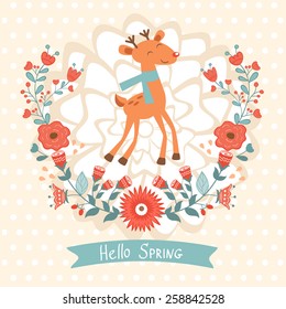 Hello spring concept card with  cute deer. Vector illustration 