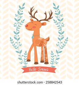 Hello spring concept card with  cute deer. Vector illustration 