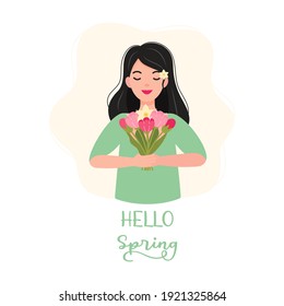 Hello, spring concept. Cute happy girl holding a bunch of flowers. Flat vector illustration.