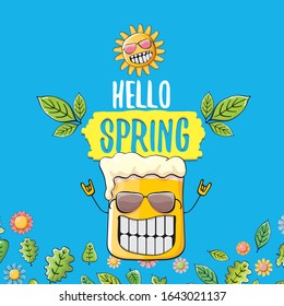 Hello spring concept illustration with vector cartoon funky beer glass character, flowers, green leaves and spring orange sun character isolated on blue background.