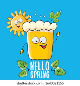 Hello spring concept illustration with vector cartoon funky beer glass character, flowers, green leaves and spring orange sun character isolated on blue background.