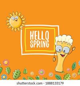Hello spring concept illustration with vector cartoon funky beer glass character, flowers, green leaves and spring orange sun character isolated on orange background.