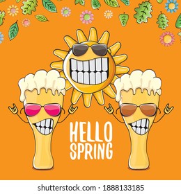 Hello spring concept illustration with vector cartoon funky beer glass character, flowers, green leaves and spring orange sun character isolated on orange background.