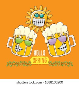 Hello spring concept illustration with vector cartoon funky beer glass character, flowers, green leaves and spring orange sun character isolated on orange background.