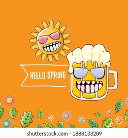 Hello spring concept illustration with vector cartoon funky beer glass character, flowers, green leaves and spring orange sun character isolated on orange background.