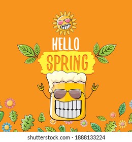 Hello spring concept illustration with vector cartoon funky beer glass character, flowers, green leaves and spring orange sun character isolated on orange background.